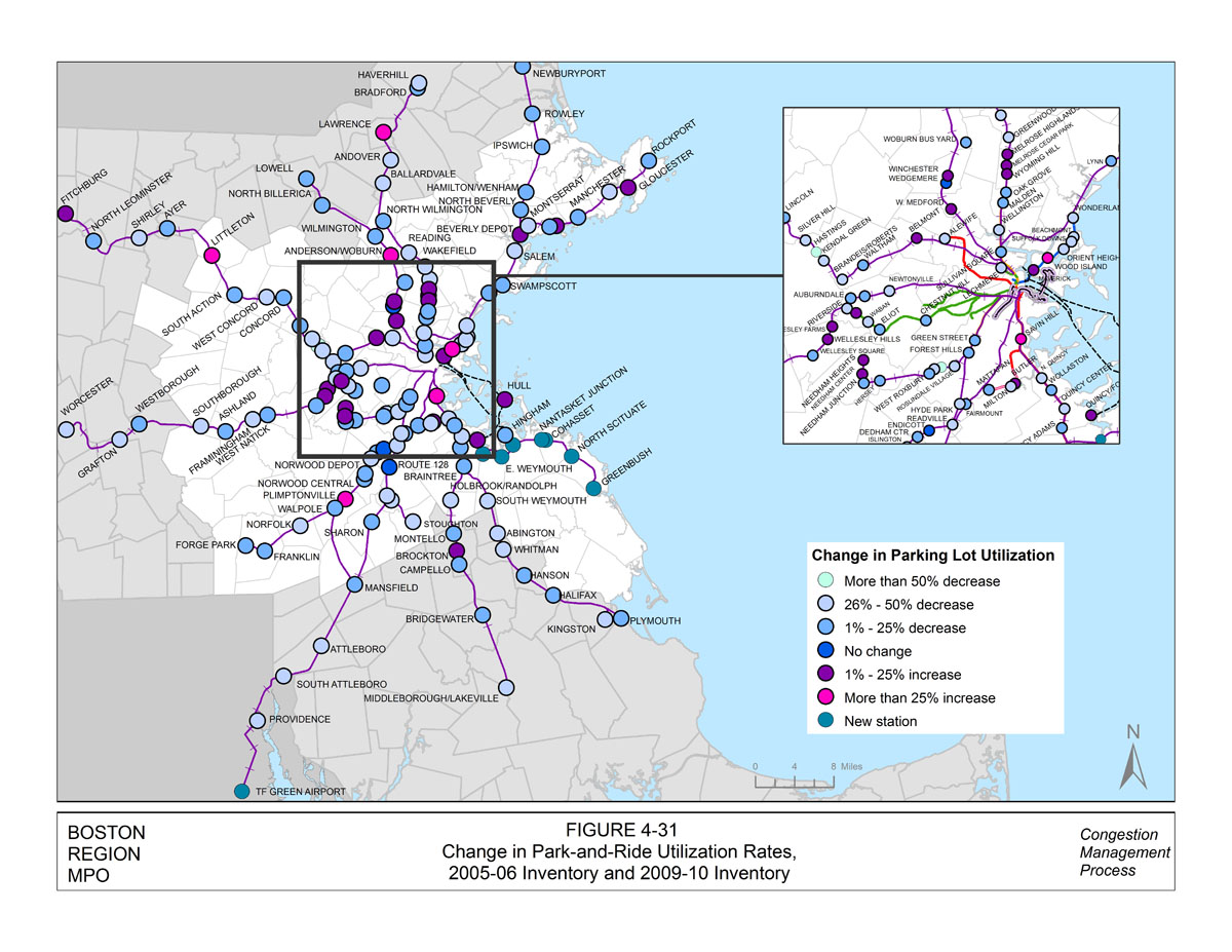 This map displays the change in parking utilization at the MBTA park-and-ride lots between 2005–2006 and 2009–2010. The park-and-ride lots on this map are near commuter rail, rapid transit and commuter ferry stations. Teal indicates more than a 50% decrease, light blue indicates a 26% to 50% decrease, medium blue indicates a 1% to 25% decrease, navy blue indicates no change, purple indicates a 1% to 25% increase, pink indicates more than a 25% increase, and green indicates a new station. There is an inset map that displays the change in park-and-ride lot utilization for the inner core region of Boston.